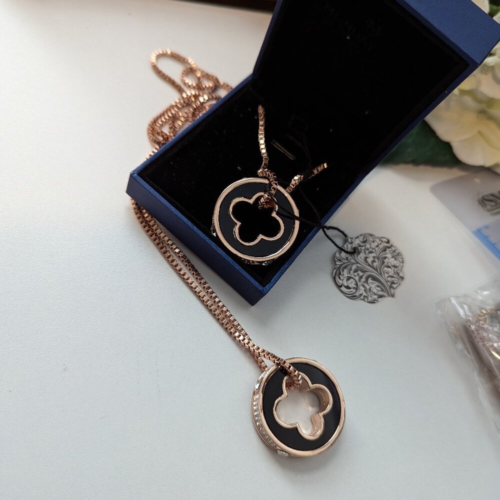 Four Leaf Clover Black Enamel Pendant Necklace